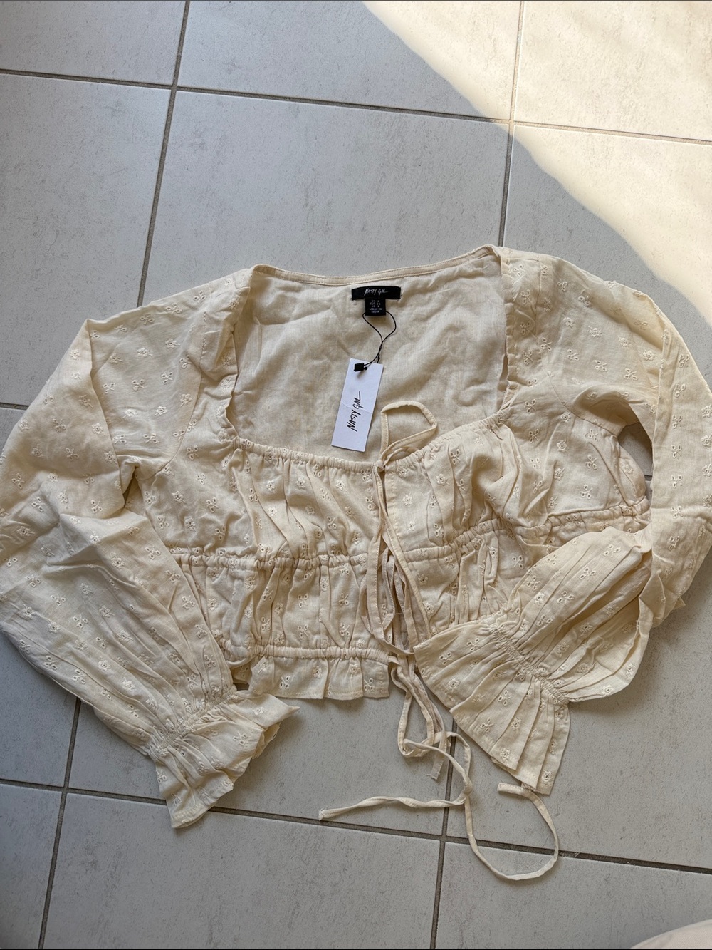 Nasty Gal Cream Eyelet Tie-Front Peasant Top